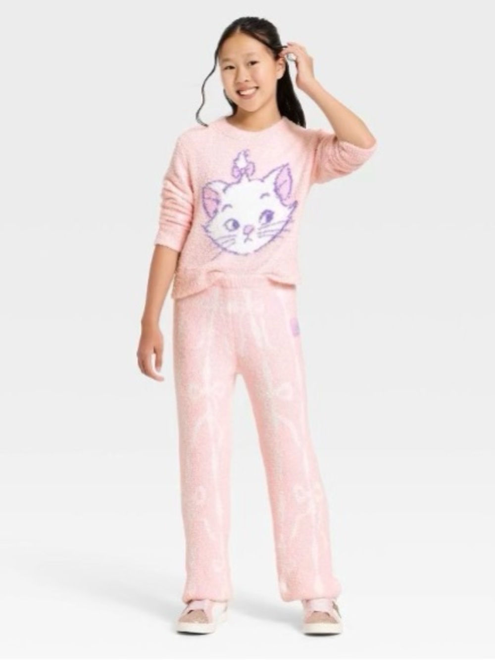 Disney Girls' The Aristocats Marie Bow Printed Boucle Pants - Light Pink -Small